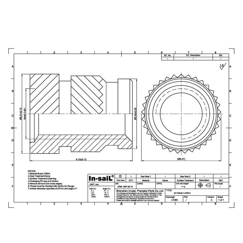 in-saiL M4x8.1mm, OD6.31mm/C3604 Threaded Insert for Plastic Embed Parts Heat Staking Brass 100pcs/lot